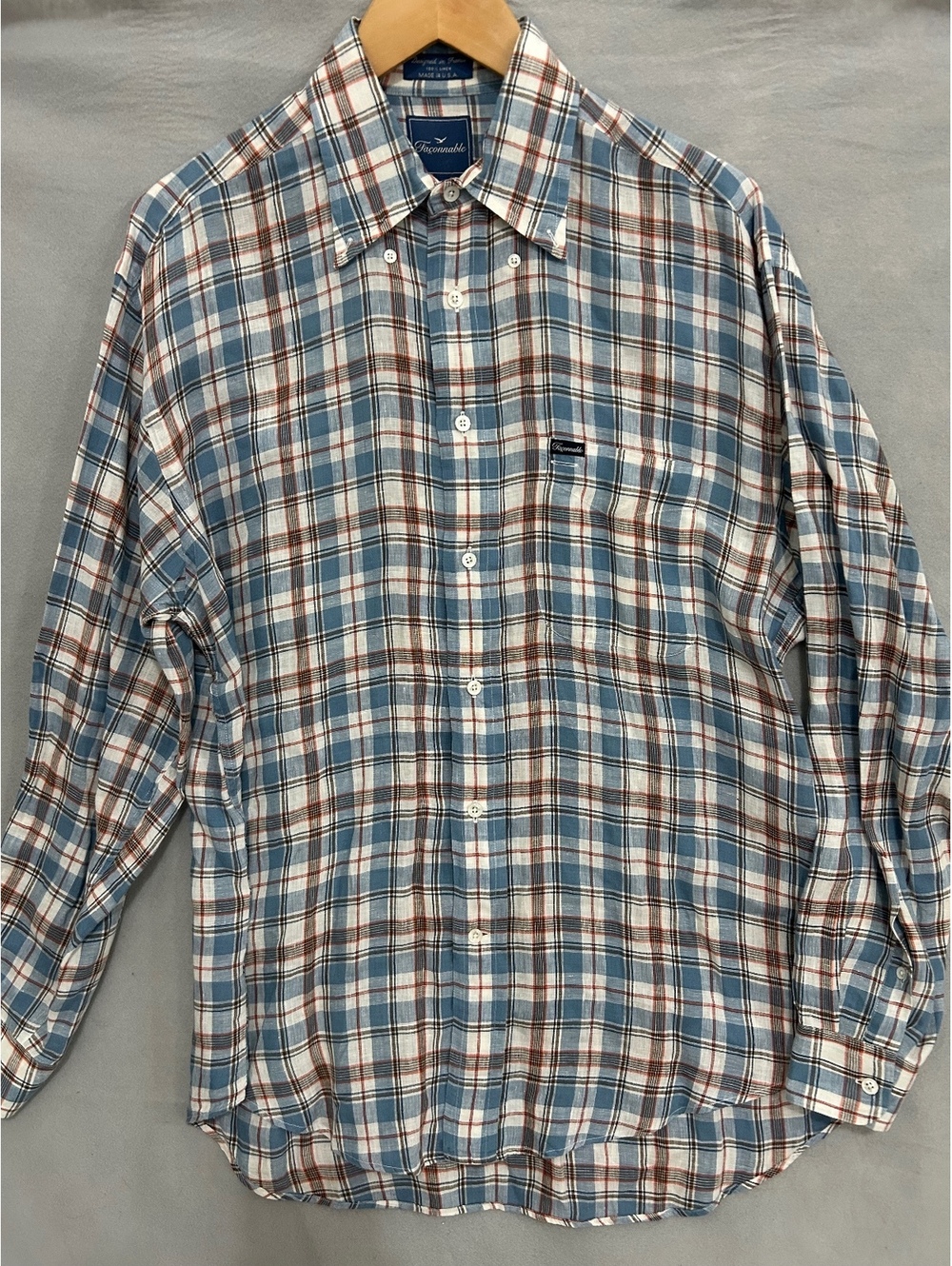 Faconnable Men's Plaid Linen Button-Up Shirt Blue Brown Medium made in USA